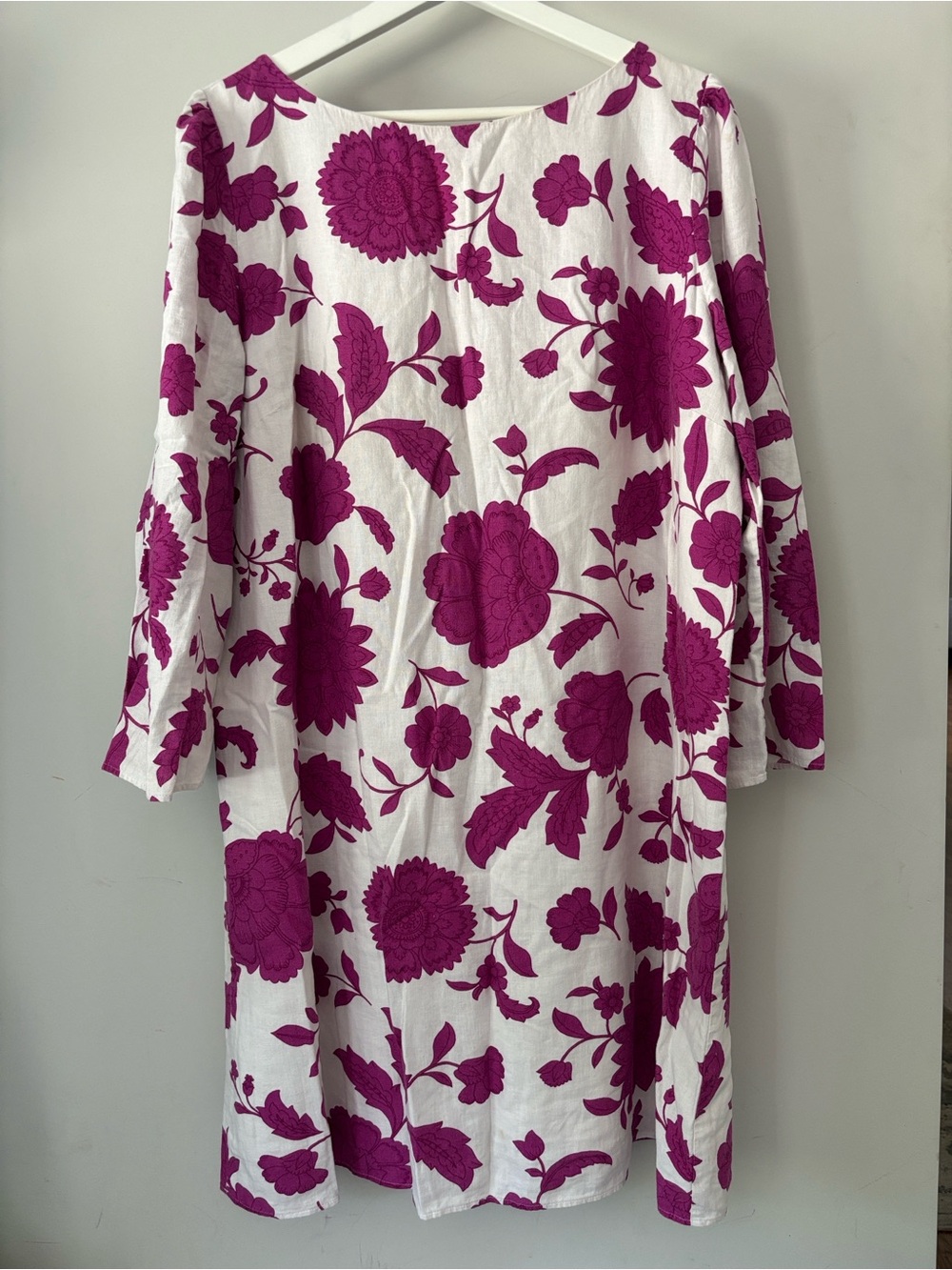 Ann Taylor White Magenta Floral Women's Shift Dress Sz XL 3/4 Sleeve Linen Blend